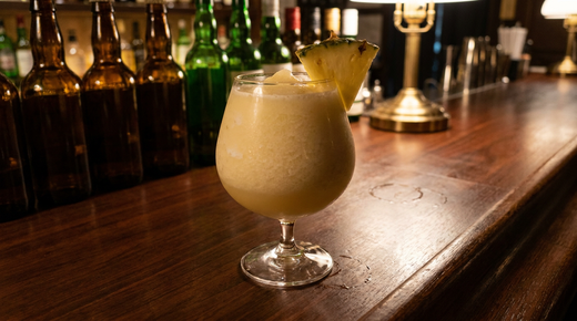 Verre à pied large rempli d'un cocktail glacé épais jaune pâle, surface givrée, quartier d'ananas posé sur le bord, comptoir de bois ciré sombre, lumière chaude et basse