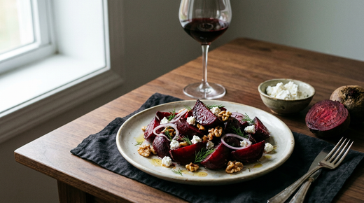 Assiette en céramique de betteraves rôties en quartiers rouge profond, chèvre frais émietté, cerneaux de noix, aneth et anneaux d'oignon rouge, bol de chèvre et demi-betterave, verre de vin rouge à pied