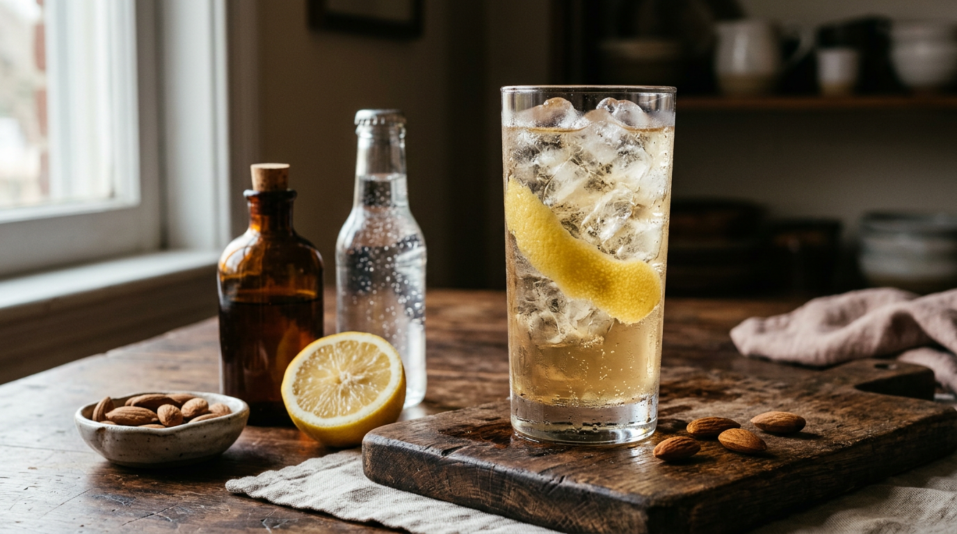 Grand verre haut rempli de glaçons et d'une boisson ambrée pétillante, long zeste de citron, amandes entourées sur la table