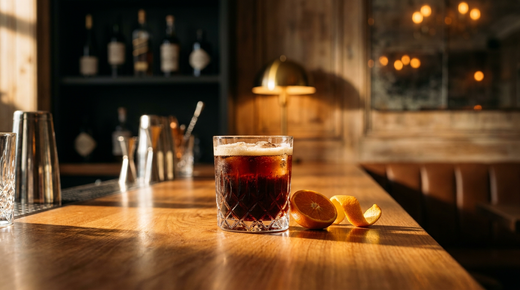 Chinotto brun très foncé et pétillant avec un col de mousse fauve, demi-orange amère et large zeste, comptoir de châtaignier massif