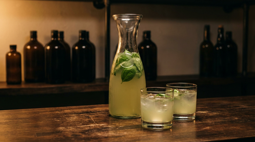 Grande carafe de verre remplie d'un punch vert clair légèrement trouble, feuilles de basilic à l'intérieur, deux verres bas remplis devant, comptoir de bois ciré sombre