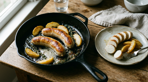 Boudins blancs dorés à la peau intacte dans une poêle en fonte avec des quartiers de pomme caramélisés au beurre et du thym, un boudin tranché sur une assiette à côté