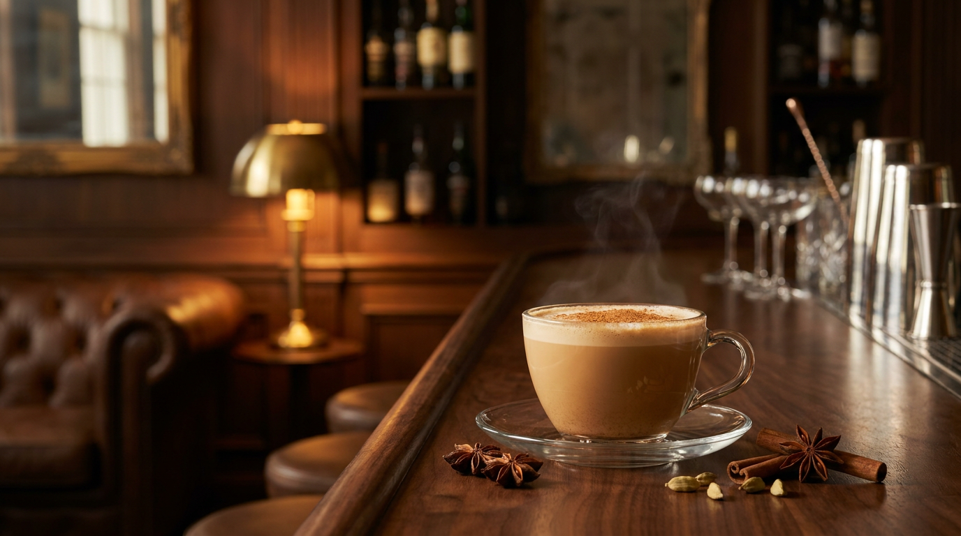 Tasse en verre d'un chaï latte chaud et mousseux saupoudré de cannelle, épices entières posées à côté, sur un comptoir de noyer sombre dans un bar chaleureux