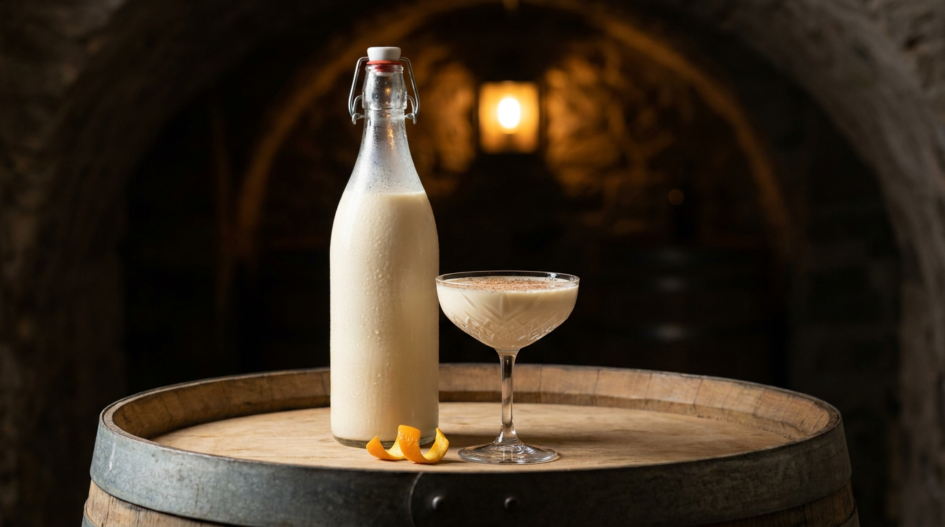Grande bouteille bouchée de brandy milk punch crémeux et coupe de cristal saupoudrée de muscade, posées sur un fond de tonneau de chêne en cave