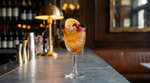 Rum Cobbler ambré sur glace pilée, tranches d'orange et de citron, comptoir de marbre veine gris
