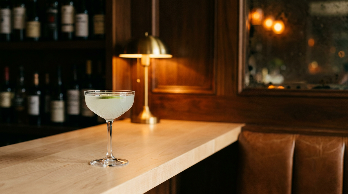 Gimlet sans alcool dans une coupe, rondelle de citron vert, comptoir de sycomore clair