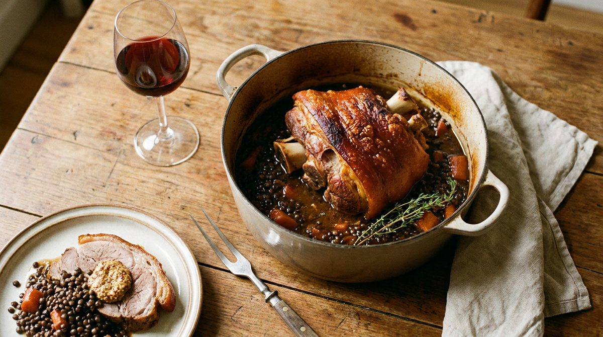 Cocotte en fonte avec un jarret de porc braisé entier, couenne dorée et croustillante, viande qui se détache de l'os, lentilles vertes et carottes dans un jus brun, assiette servie avec moutarde, verre de vin rouge