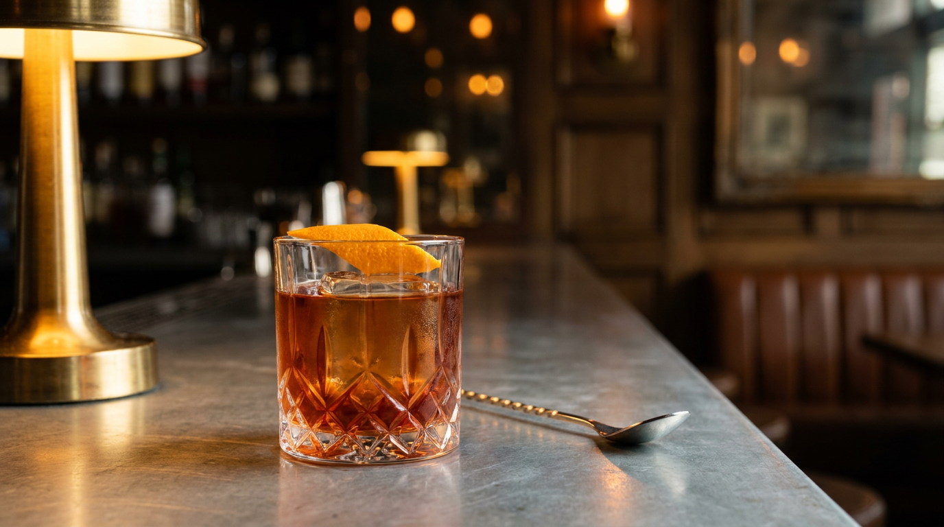 Añejo Old Fashioned dans un verre bas en cristal taillé sur un comptoir de zinc, robe ambre profond, gros glaçon et large zeste d'orange