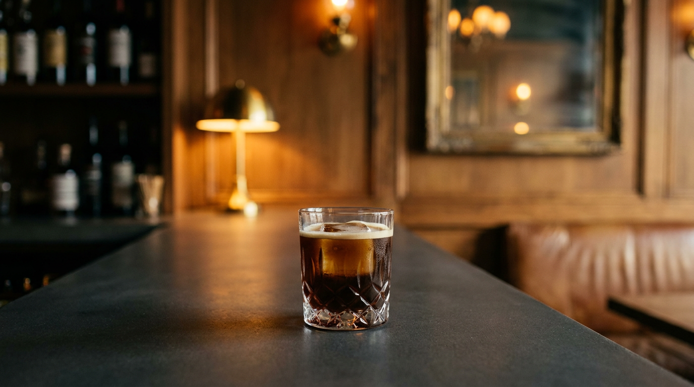 Carajillo brun café sur un gros glaçon dans un petit verre, fine ligne de crème en surface, comptoir de béton anthracite