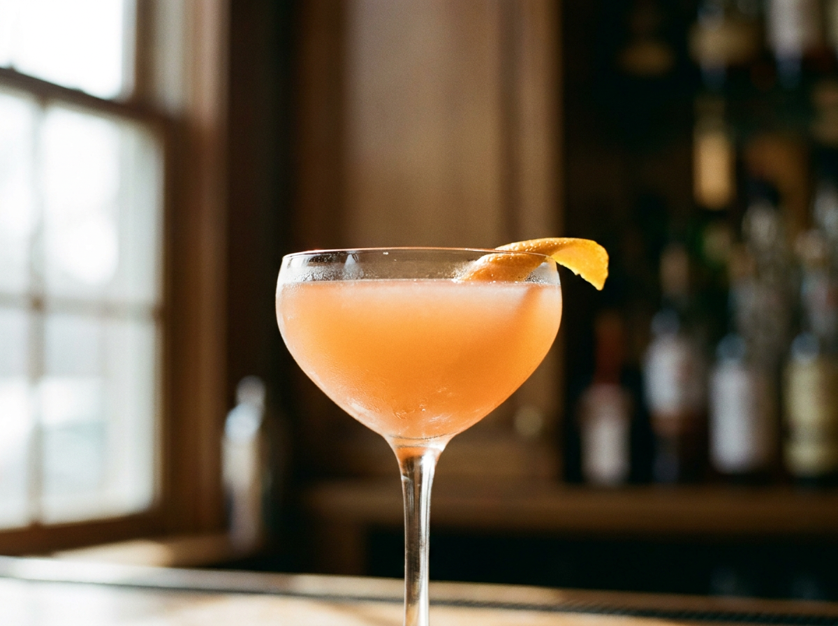 Cocktail Income Tax orangé dans une coupe, zeste d'orange, lumière naturelle