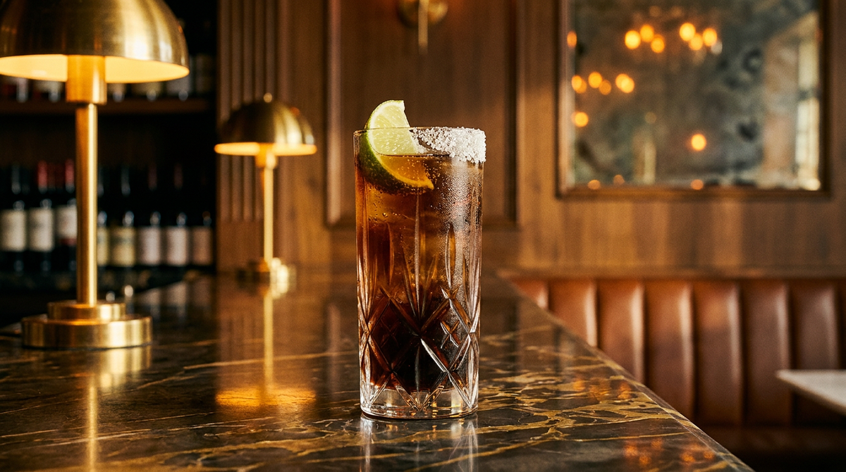 Charro Negro sombre dans un grand verre, quartier de citron vert et sel sur le bord, comptoir de marbre noir