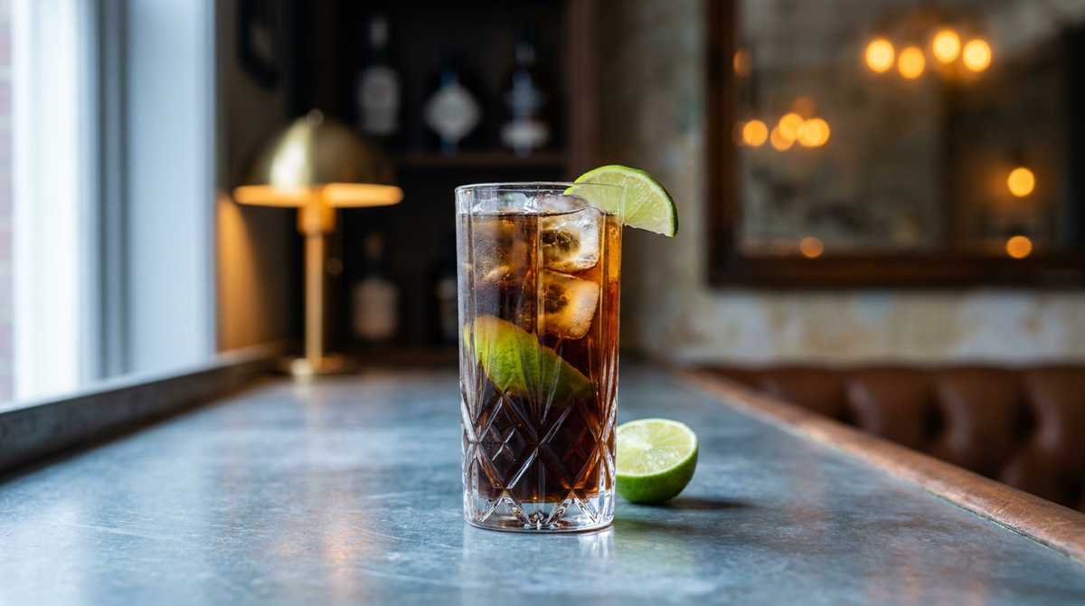 Virgin cuba libre en verre haut, cola sur glace et coque de citron vert, sur un comptoir de zinc