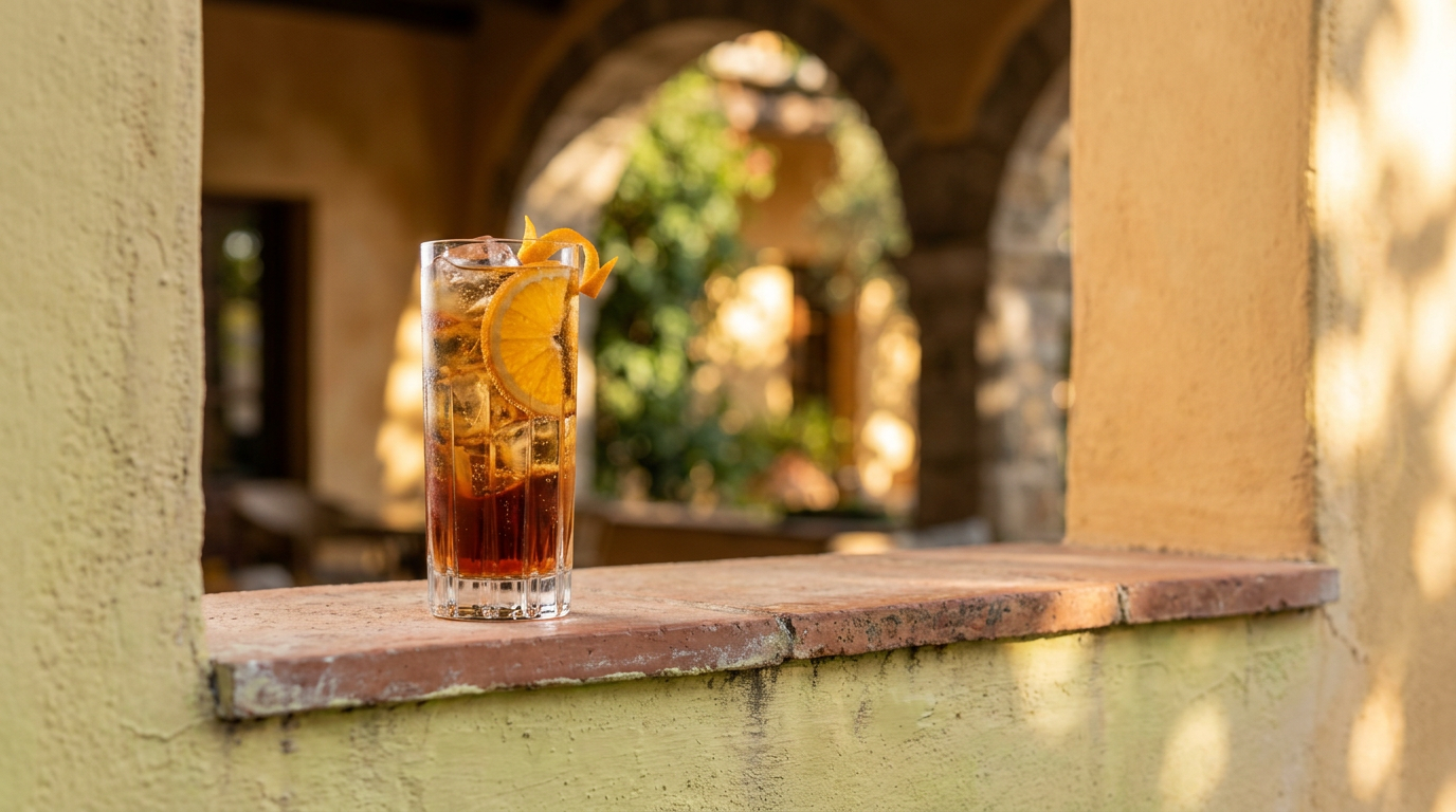 Cocktail café-orange en verre haut de cristal, tranche et zeste d'orange, sur une murette de terre cuite devant le patio à arcades d'un hôtel méditerranéen