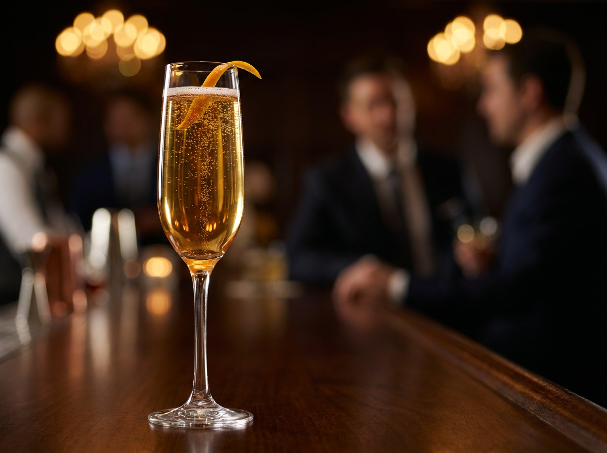 Seelbach dans une flûte : bourbon et champagne doré aux nombreux amers, bulles fines, zeste d'orange