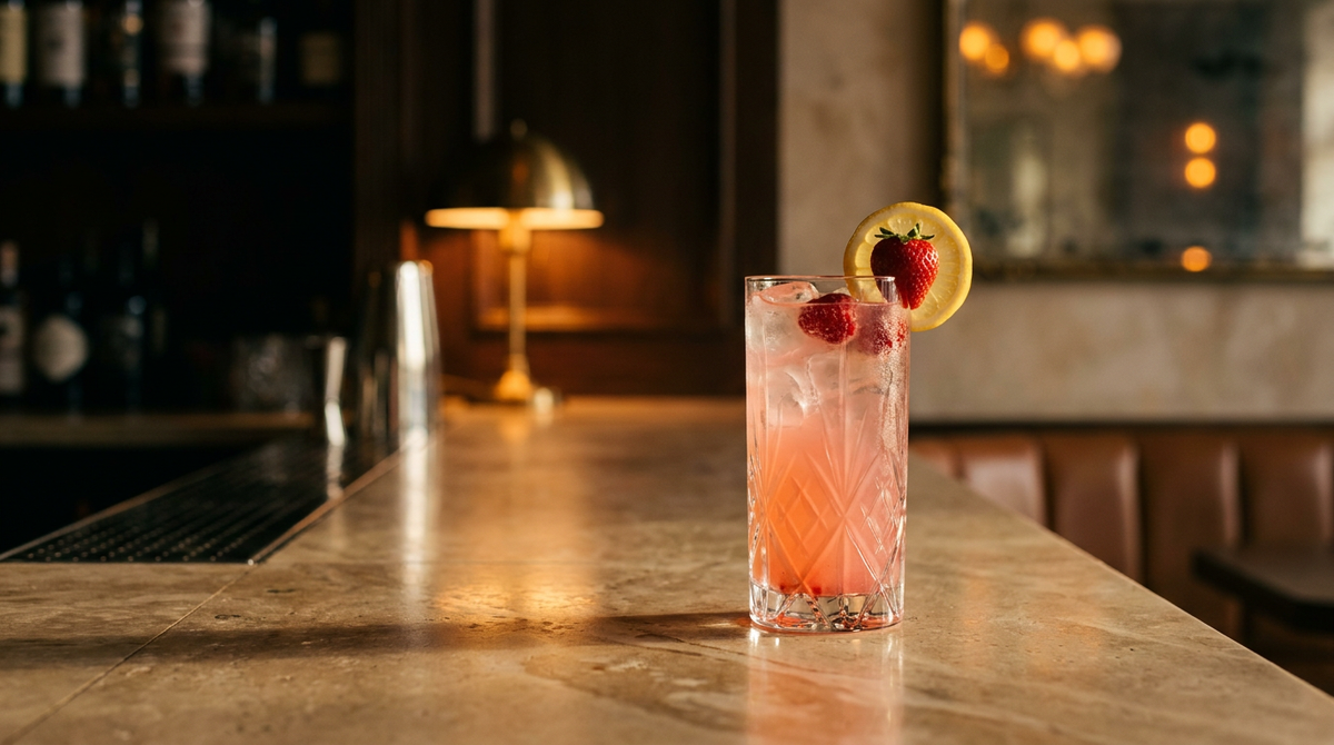 Limonade rose maison sur glace, fruits rouges et rondelle de citron, sur un comptoir de bar en calcaire poli