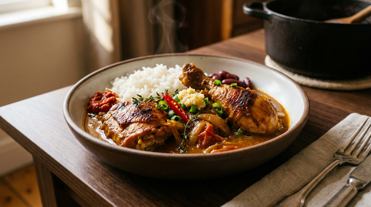 Carry de poulet réunionnais, sauce brun orangé réduite, peau dorée, riz blanc et haricots rouges