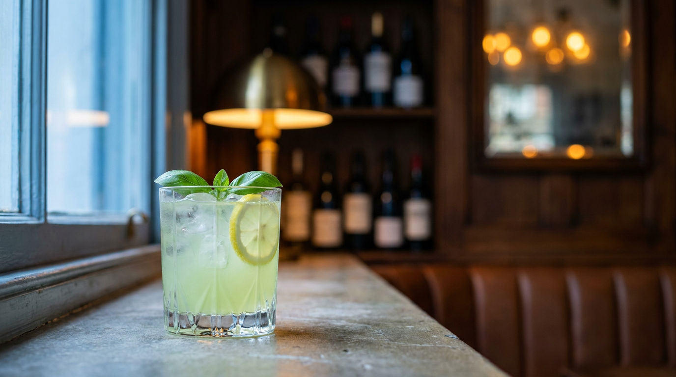Limonade au basilic vert pâle dans un verre droit sur glace, feuilles de basilic entières en surface, appui de fenêtre en pierre
