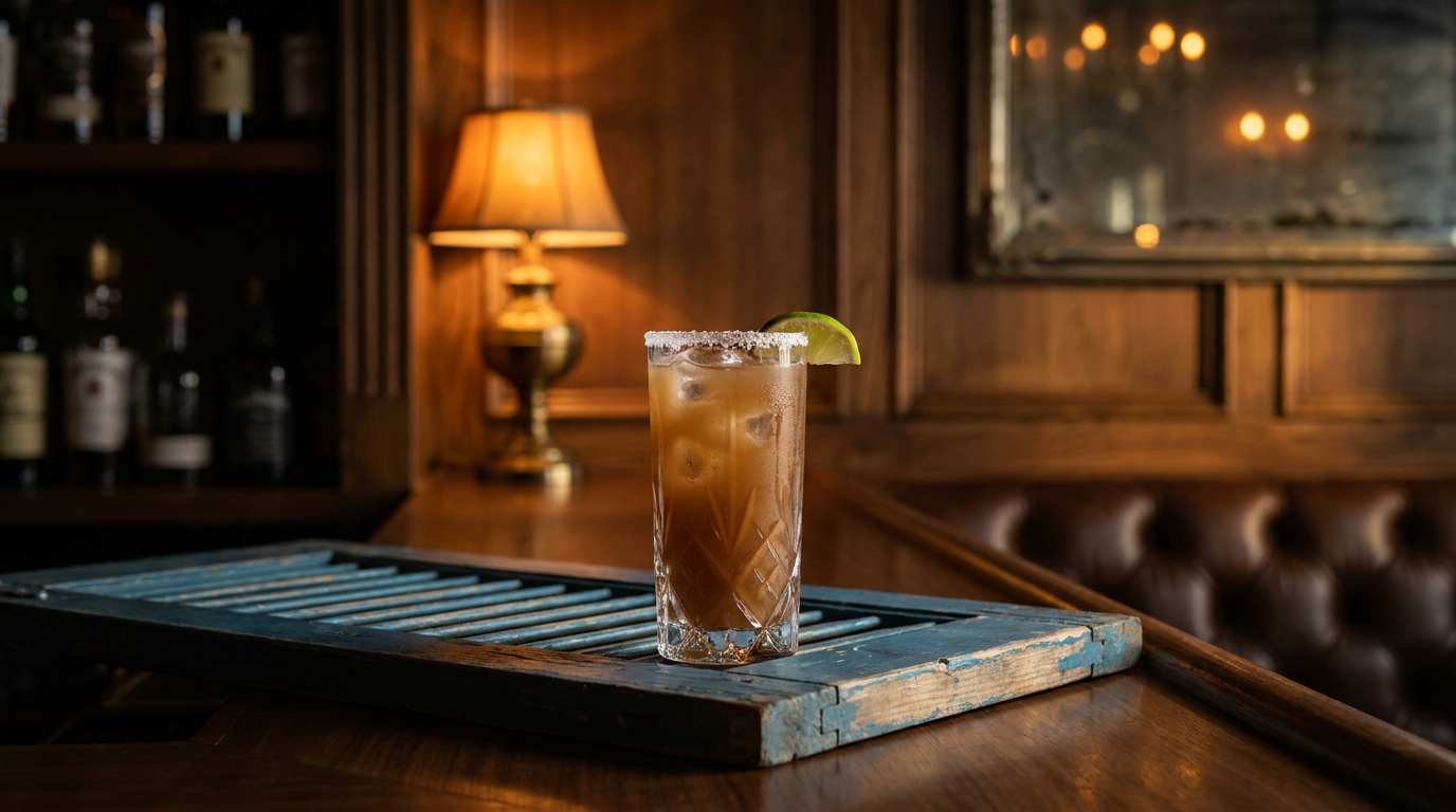 Paloma au tamarin dans un grand verre, bord salé et quartier de citron vert, volet bleu patiné