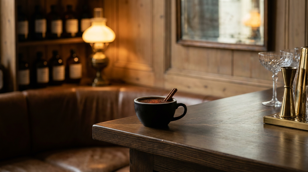 Chocolat chaud mexicain dans une tasse épaisse, bâton de cannelle, comptoir de pin teinté foncé