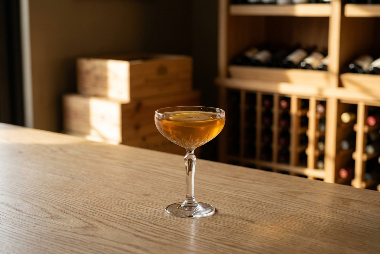 Cocktail au coing en coupe de cristal, robe ambrée, lamelle de coing poché, sur le comptoir de chêne clair d'une boutique de caviste