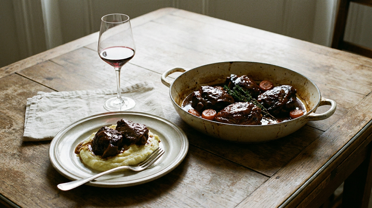 Plat en fonte de joues de porc confites, viande fondante nappée d'une sauce brune réduite et brillante, rondelles de carotte et thym, assiette avec deux joues sur une purée lisse, verre de vin rouge