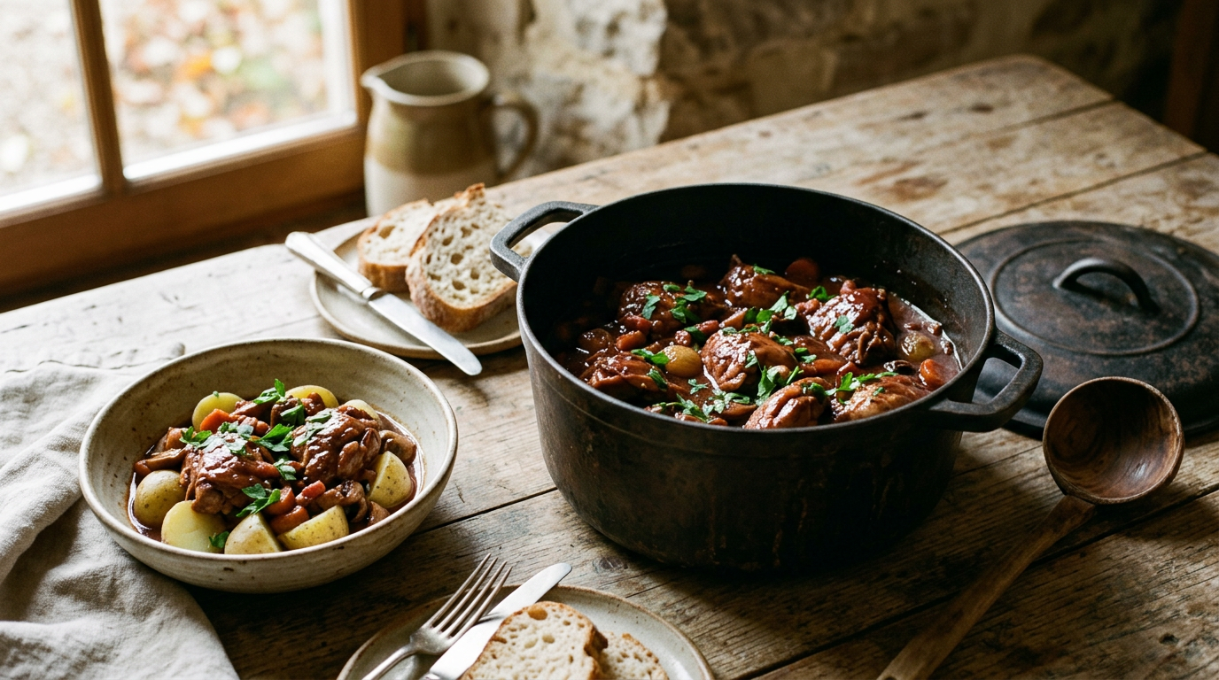 Civet de lapin dans une cocotte en fonte : morceaux nappés de sauce brun-rouge brillante, lardons, oignons grelots et persil, assiette servie avec pommes de terre vapeur et pain de campagne