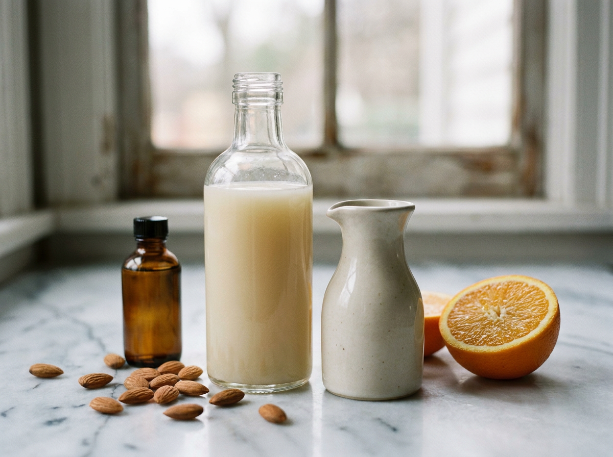 Bouteille de sirop d'orgeat maison ivoire, amandes entières et fleur d'oranger sur un plan de marbre