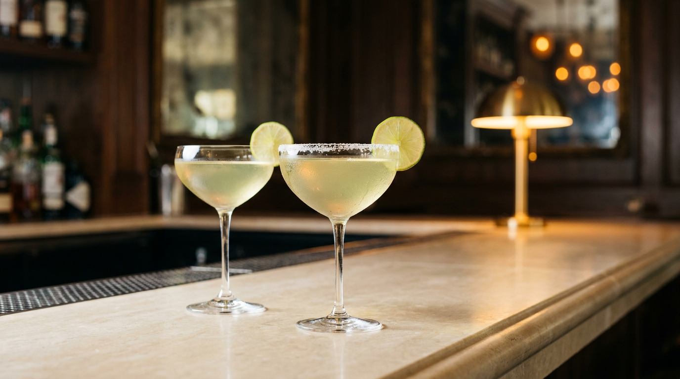 Deux coupes de Cadillac margarita vert-or, bord givré au sel et roue de citron vert, sur un comptoir de calcaire crème dans un bar chic