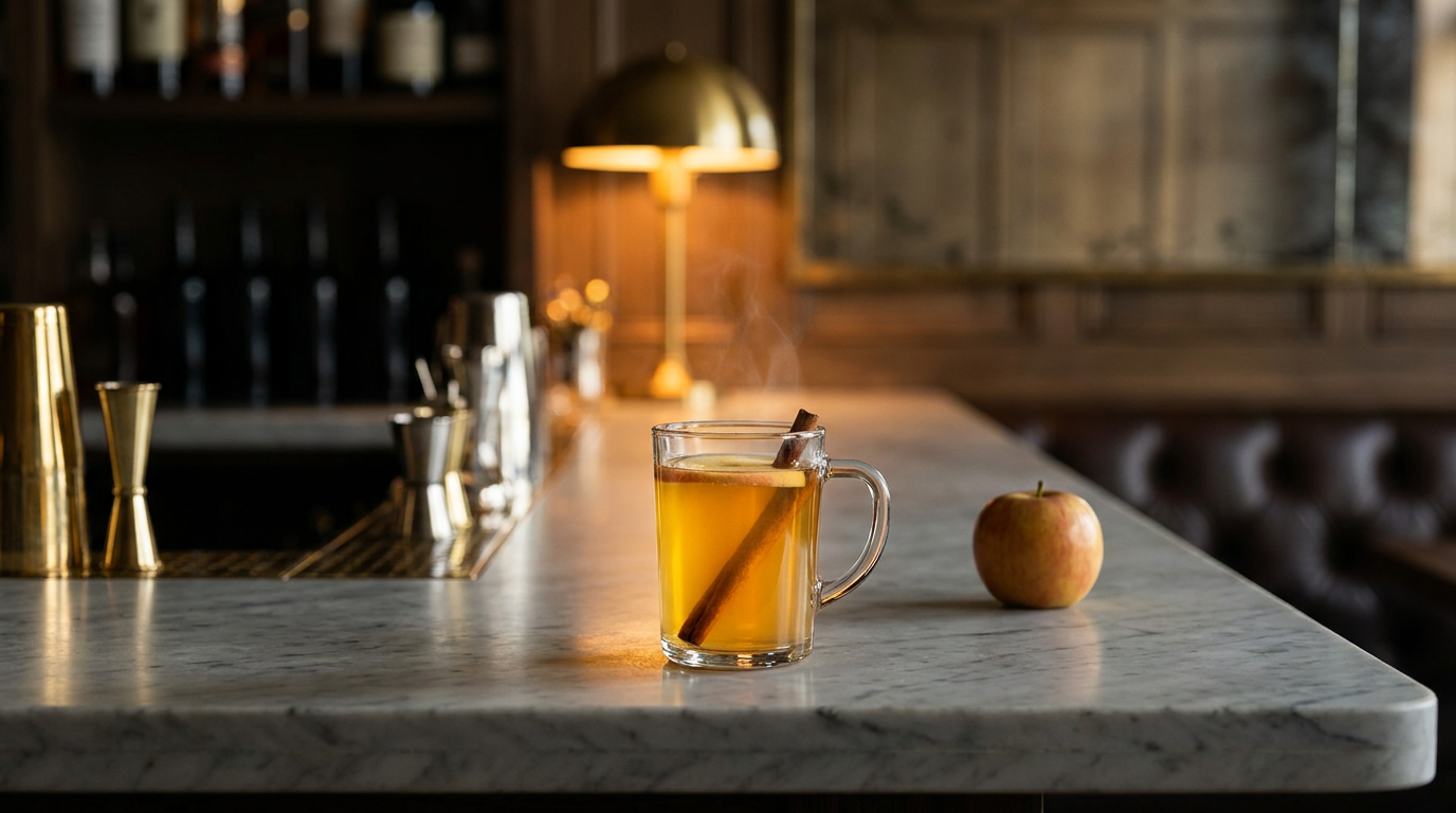 Mug en verre de jus de pomme chaud épicé doré, bâton de cannelle dedans et pomme posée à côté, sur un comptoir de marbre veiné