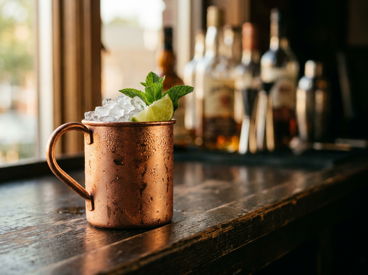 Jamaican mule, rhum, citron vert et ginger beer servis dans un mug en cuivre glacé avec menthe
