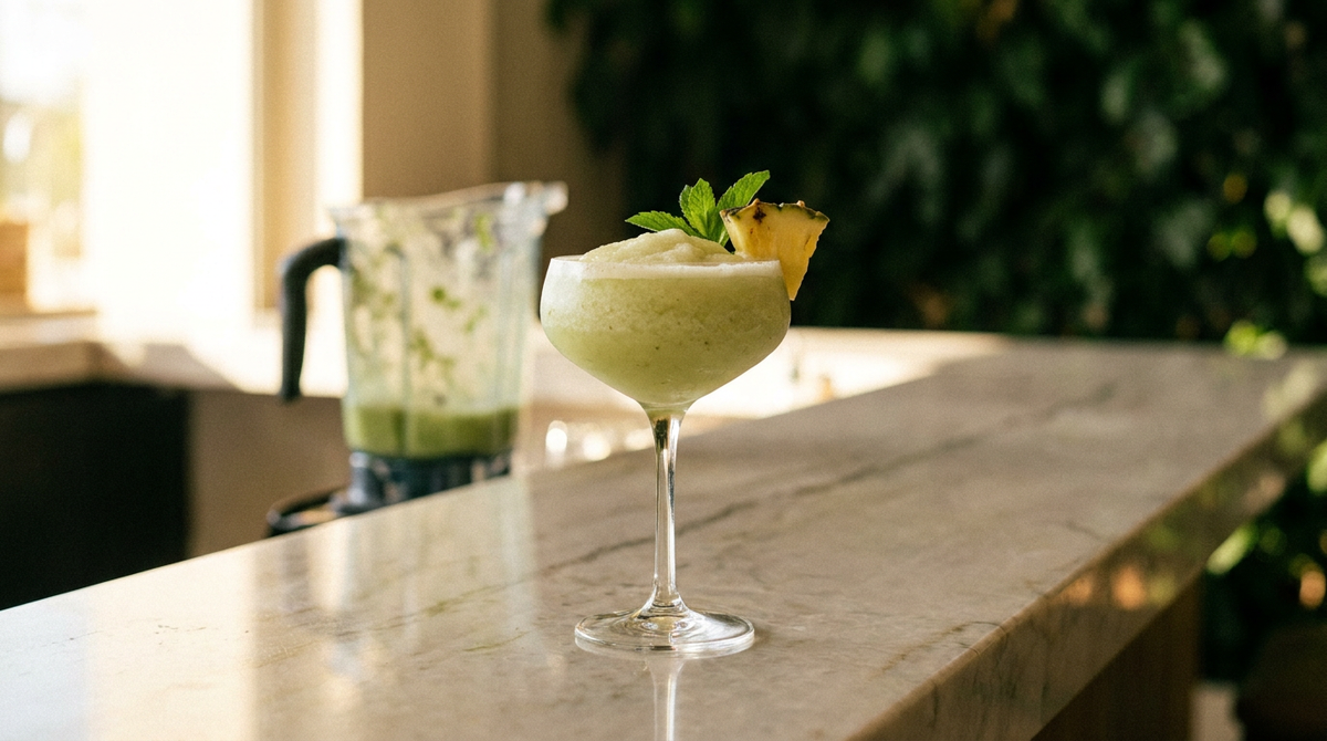 Cocktail vert pâle glacé et mousseux dans un verre à pied, feuille de menthe et pointe d'ananas, blender flou derrière, comptoir de marbre clair, lumière vive de côté