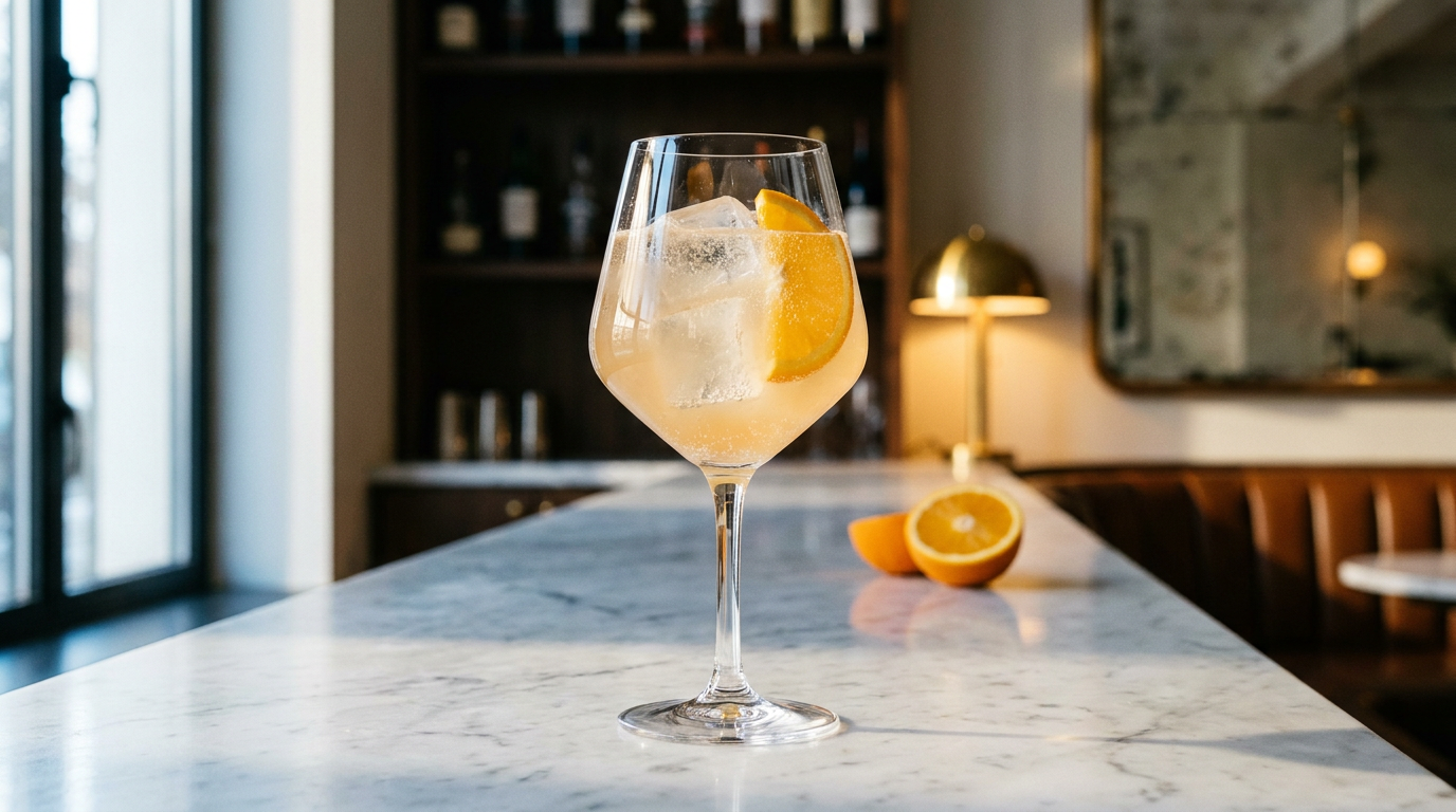 Agua de Valencia servie en grand verre à vin sur un comptoir de marbre blanc