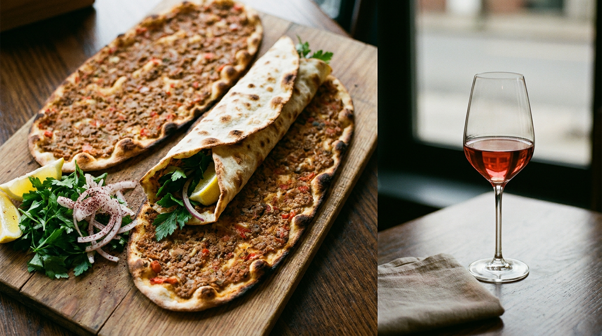 Deux lahmacun turcs, galettes fines couvertes de viande hachée épicée, une roulée avec du persil et de l'oignon, citron, planche de bois, verre de rosé