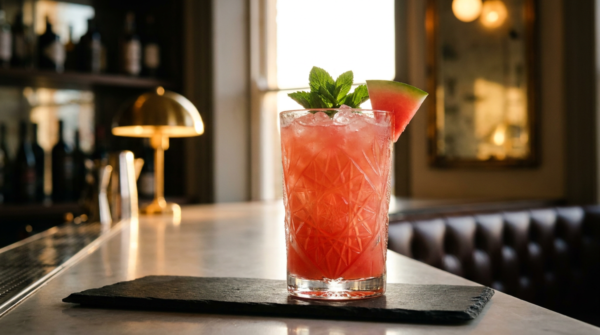 Verre haut de jus de pastèque rose vif sur glace pilée, bouquet de menthe et triangle de pastèque, plaque d'ardoise noire