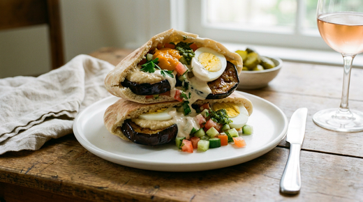 Sabich coupé en deux, pita garnie de tranches d'aubergine frite dorées, œufs durs, houmous, sauce tahini coulante, salade de tomate et concombre, amba orange, persil, couteau à plat, verre de rosé pâle, table en bois