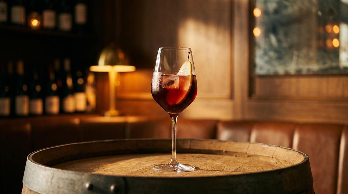 Cocktail au vin rouge et à la poire dans un verre à pied, robe grenat, lamelle de poire, posé sur un fond de fût