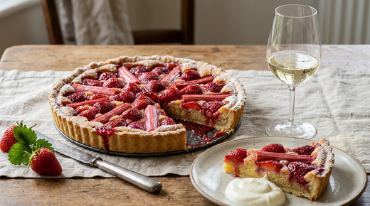 Tarte fraises-rhubarbe rustique, pâte sablée dorée, fraises et bâtonnets de rhubarbe rose confits sur crème d'amande, une part coupée avec de la crème fraîche, couteau à plat, fraises entières, verre de crémant pâle sur une table en bois