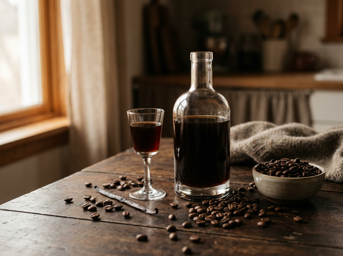 Bouteille de liqueur de café maison brun sombre, grains de café torréfiés et gousse de vanille sur bois sombre