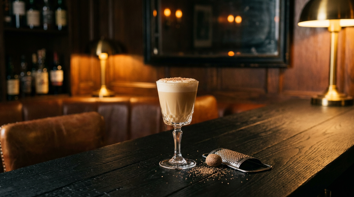 Rum Flip en petit verre à pied, mousse crémeuse et muscade râpée, sur un comptoir de bois brûlé