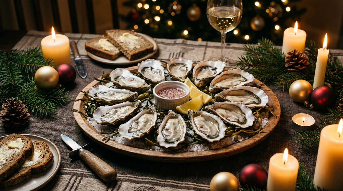 Plateau d'huîtres ouvertes sur gros sel et algues avec mignonette et citron, sur une table de Noël : bougies allumées, sapin décoré en arrière-plan, boules dorées et rouges, pain de seigle beurré et vin blanc