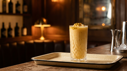 Batida de maracujá orange pâle et mousseuse dans un verre à pied, demi fruit de la passion, comptoir de zinc