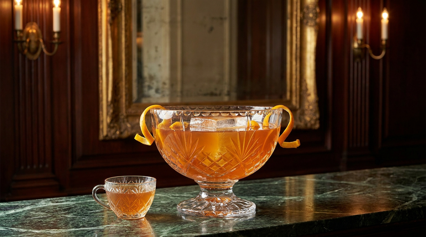 Grande coupe à punch en cristal taillé remplie de Regent's Punch ambré, zestes d'orange en spirale, sur un comptoir de marbre vert
