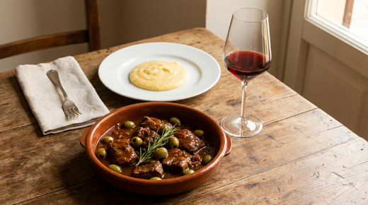 Plat en terre cuite de veau aux olives corse, morceaux de veau braisés en sauce brune avec olives vertes et romarin, assiette de polenta, verre de vin rouge, table de bois
