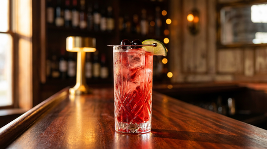 Dirty Shirley rouge cerise pétillant en verre highball avec cerises au marasquin et quartier de citron vert, sur un comptoir d'acajou chaleureux