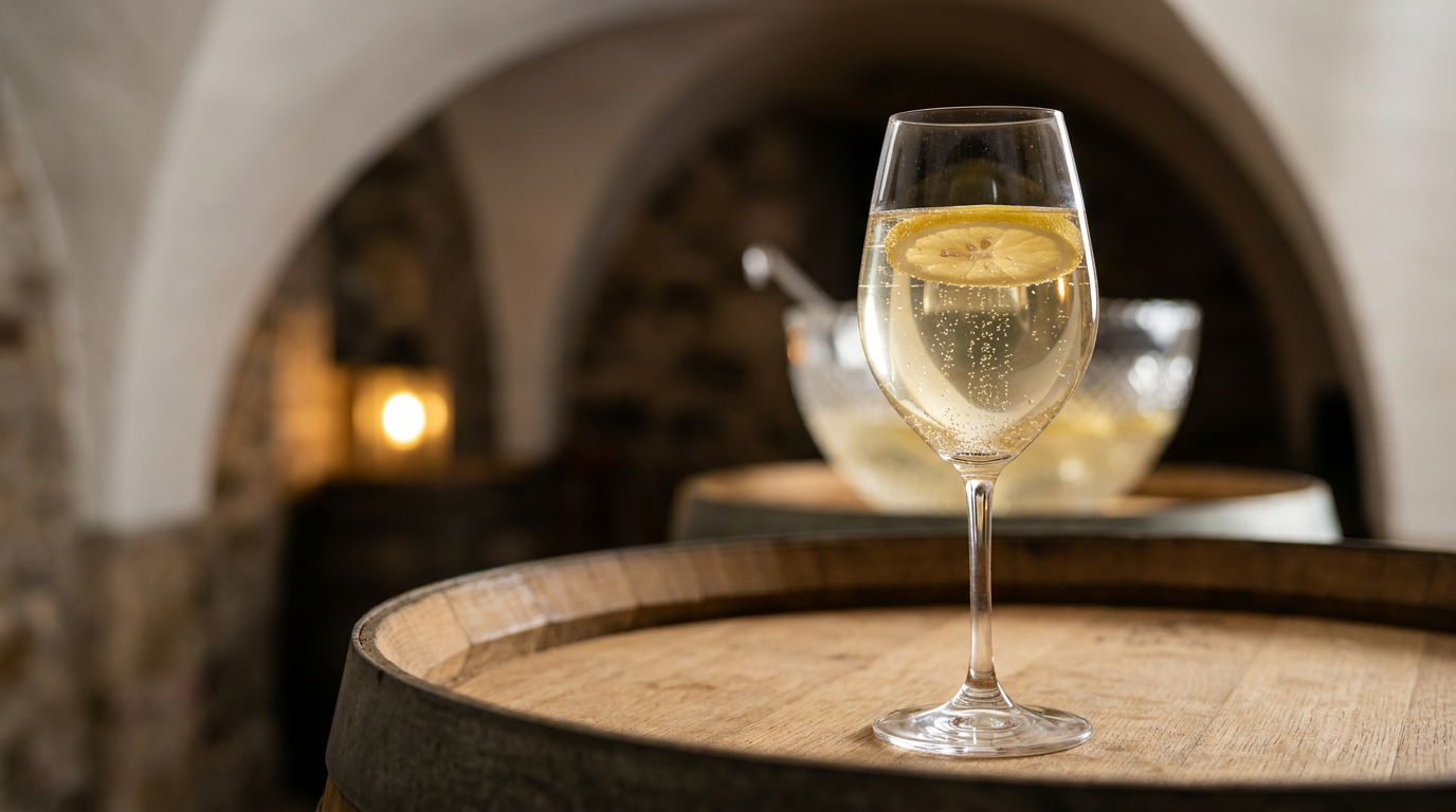 Verre de soupe angevine sur une tête de tonneau, saladier en verre dans une cave voûtée