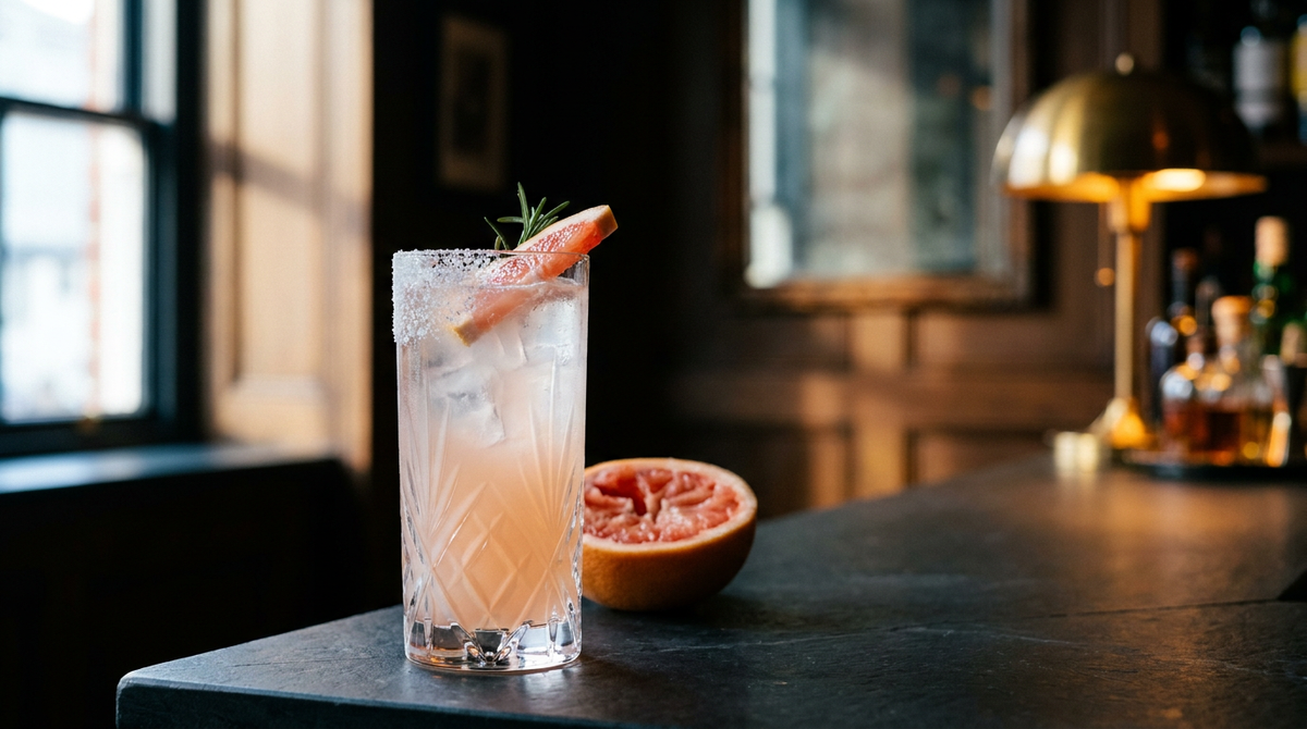 Paloma sans alcool au pamplemousse rose, bord salé et romarin, sur un comptoir d'ardoise