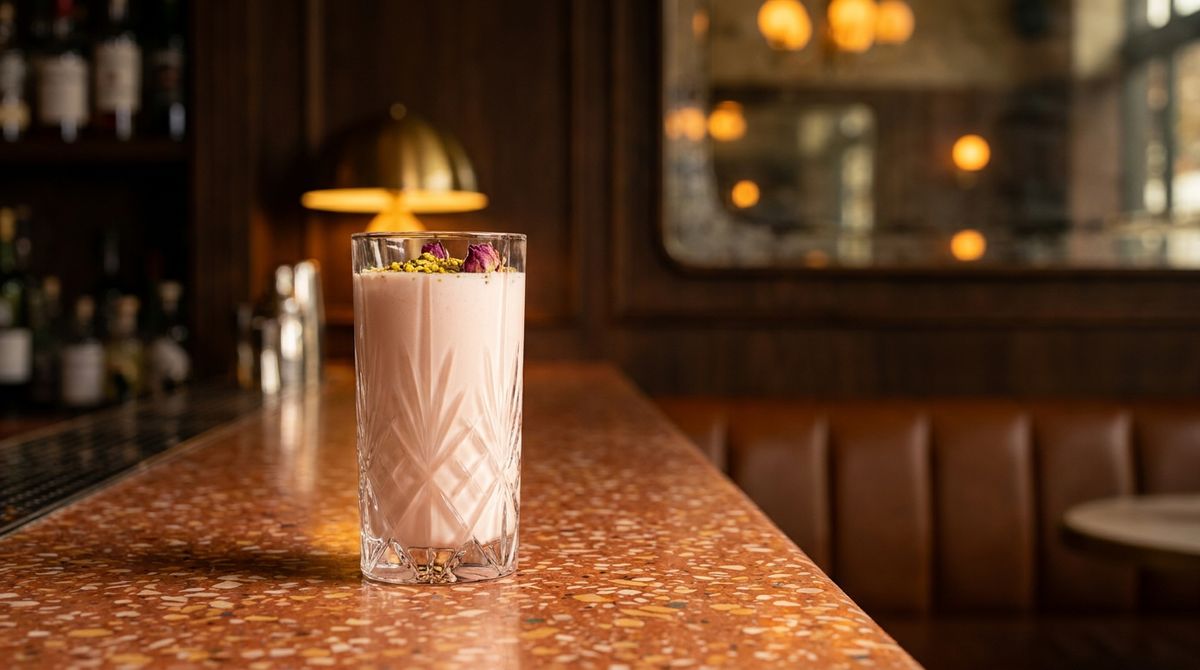 Lassi à la rose rose pâle et épais dans un verre haut, pistaches concassées et pétales de rose séchés, comptoir de terrazzo terracotta