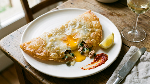 Brik à l'œuf tunisien, demi-lune de feuille de brick fine et cloquée, dorée, ouverte sur un jaune coulant, thon, câpres et persil, quartier de citron, harissa, couteau à plat, verre de vin blanc pâle, table en bois