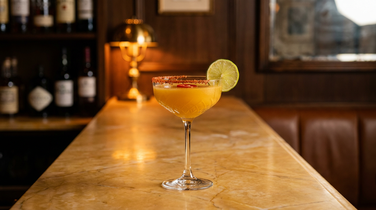 Margarita mangue et piment orangée en coupe, bord au sel pimenté et rondelle de citron vert, comptoir de marbre jaune