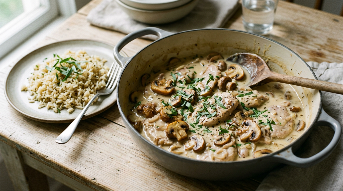 Sauté de veau aux champignons dans une cocotte : morceaux de veau en sauce crémeuse ivoire, lamelles de champignons dorées et estragon ciselé, assiette de riz pilaf à côté